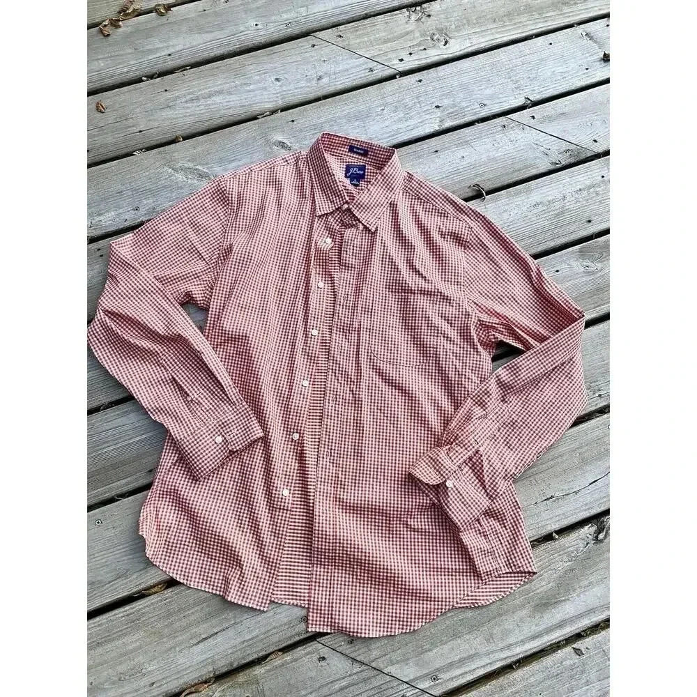 J Crew Dress Shirt Men's Large Red Classic Plaid Check Performance Stretch New